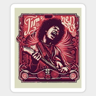 tshirt mug, sticker, print,  of Jimi Hendrix in Velved red colors, on stage Magnet